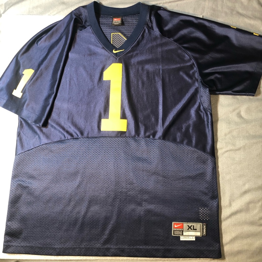 Vtg Michigan Wolverines Football Nike Team Jersey Blue Yellow #1 Sz XL Length +2